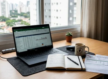 Mesa de trabalho em home office com notebook corporativo, faturas de consumo e material de escritório sobre a mesa.