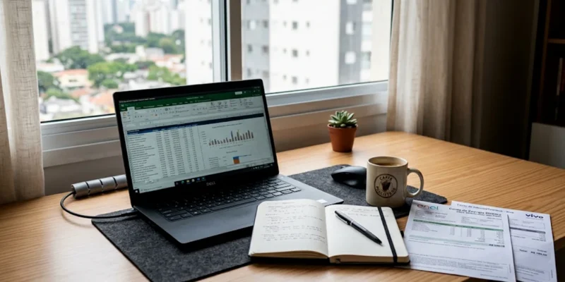 Mesa de trabalho em home office com notebook corporativo, faturas de consumo e material de escritório sobre a mesa.