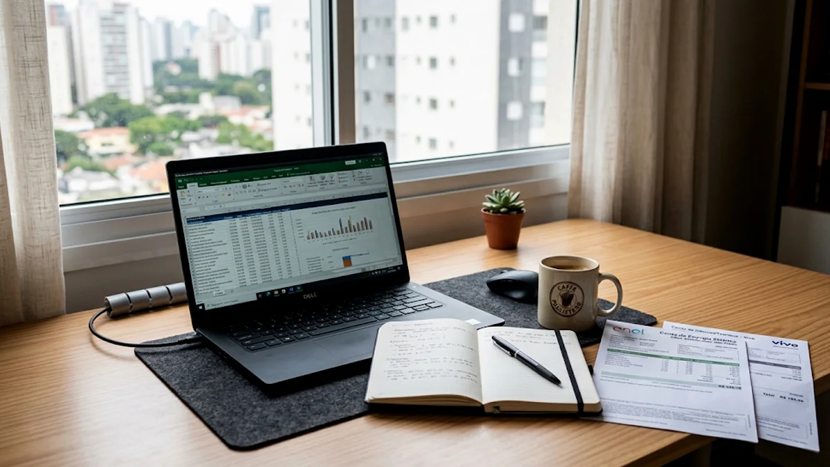 Mesa de trabalho em home office com notebook corporativo, faturas de consumo e material de escritório sobre a mesa.