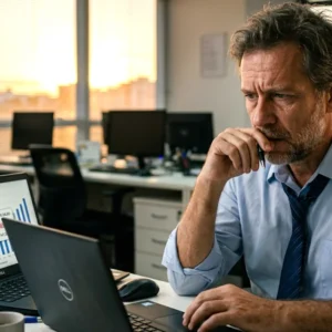 Fotografia hiper-realista de um vendedor de São Paulo, estressado e olhando para a tela do notebook com gráfico de vendas e conta bancária zerada, devido a atraso de comissões, em escritório em Barueri.