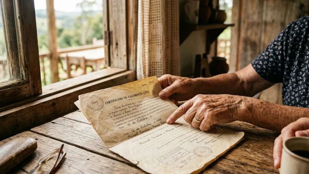 Mãos de um trabalhador rural apontando para uma certidão de casamento antiga sobre uma mesa de madeira, usada como prova para o INSS.