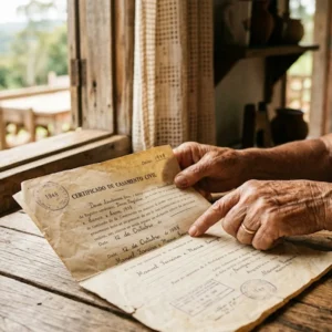 Mãos de um trabalhador rural apontando para uma certidão de casamento antiga sobre uma mesa de madeira, usada como prova para o INSS.