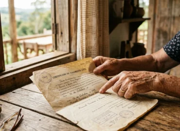 Mãos de um trabalhador rural apontando para uma certidão de casamento antiga sobre uma mesa de madeira, usada como prova para o INSS.