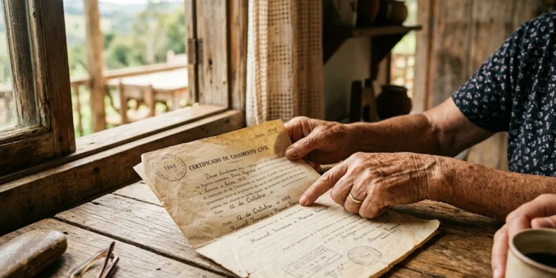 Mãos de um trabalhador rural apontando para uma certidão de casamento antiga sobre uma mesa de madeira, usada como prova para o INSS.
