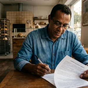 Dono de um comércio local em São Paulo lendo atentamente as cláusulas do seu contrato de aluguel antes de abrir a loja.