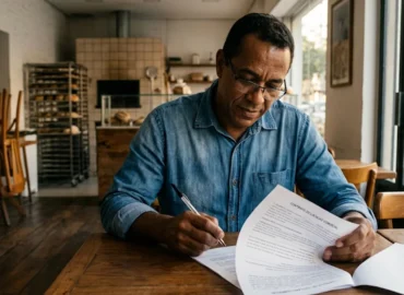 Dono de um comércio local em São Paulo lendo atentamente as cláusulas do seu contrato de aluguel antes de abrir a loja.