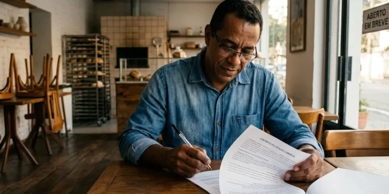 Dono de um comércio local em São Paulo lendo atentamente as cláusulas do seu contrato de aluguel antes de abrir a loja.