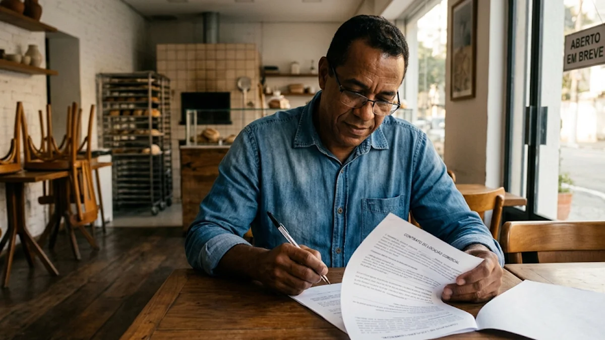 Dono de um comércio local em São Paulo lendo atentamente as cláusulas do seu contrato de aluguel antes de abrir a loja.