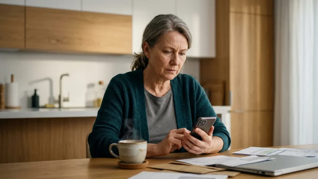 Mulher reflexiva sentada à mesa de casa analisando documentos financeiros e mensagens no celular.