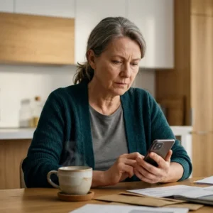 Mulher reflexiva sentada à mesa de casa analisando documentos financeiros e mensagens no celular.