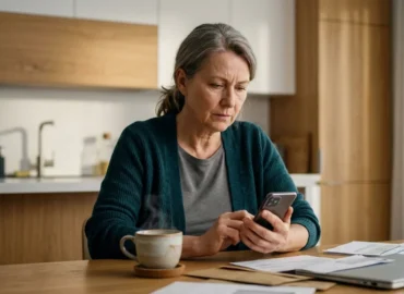 Mulher reflexiva sentada à mesa de casa analisando documentos financeiros e mensagens no celular.