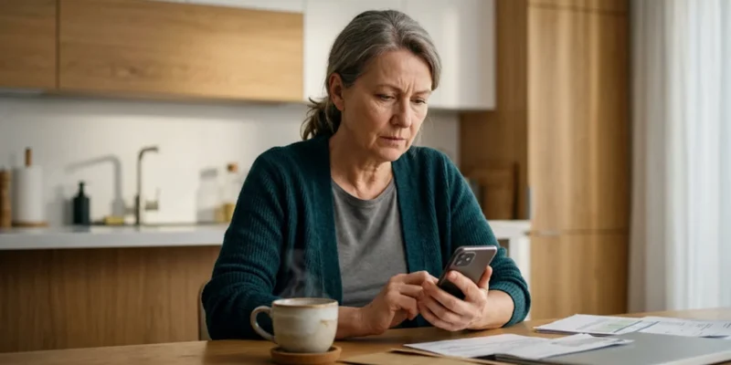 Mulher reflexiva sentada à mesa de casa analisando documentos financeiros e mensagens no celular.
