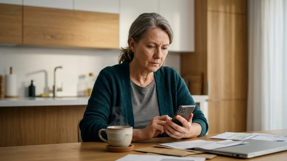 Mulher reflexiva sentada à mesa de casa analisando documentos financeiros e mensagens no celular.