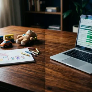 Mesa dividida mostrando brinquedos infantis de um lado e planilhas financeiras num laptop do outro, ilustrando o conflito de interesses na ocultação de renda.