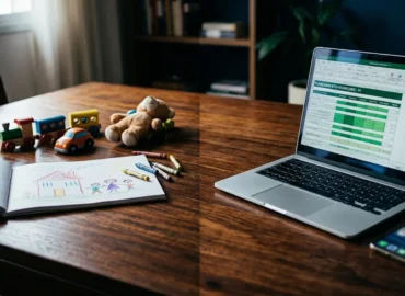 Mesa dividida mostrando brinquedos infantis de um lado e planilhas financeiras num laptop do outro, ilustrando o conflito de interesses na ocultação de renda.