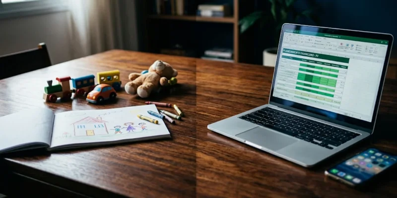 Mesa dividida mostrando brinquedos infantis de um lado e planilhas financeiras num laptop do outro, ilustrando o conflito de interesses na ocultação de renda.
