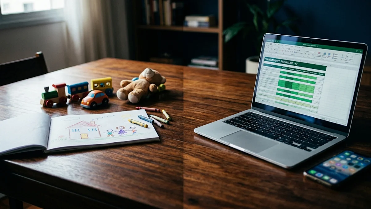 Mesa dividida mostrando brinquedos infantis de um lado e planilhas financeiras num laptop do outro, ilustrando o conflito de interesses na ocultação de renda.