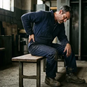 Trabalhador industrial com botas de segurança sentado em um vestiário, apoiando a mão na região lombar em sinal de dor nas costas após o expediente.