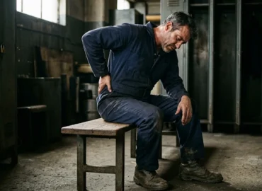 Trabalhador industrial com botas de segurança sentado em um vestiário, apoiando a mão na região lombar em sinal de dor nas costas após o expediente.