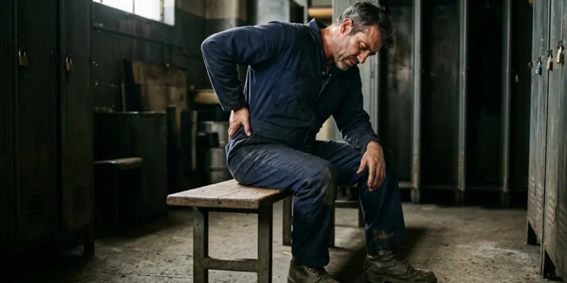 Trabalhador industrial com botas de segurança sentado em um vestiário, apoiando a mão na região lombar em sinal de dor nas costas após o expediente.