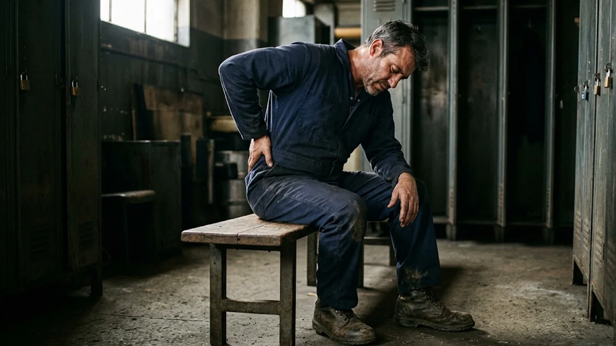 Trabalhador industrial com botas de segurança sentado em um vestiário, apoiando a mão na região lombar em sinal de dor nas costas após o expediente.