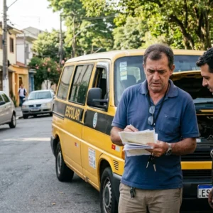 Motorista de van escolar segurando documentos com expressão de preocupação ao lado do seu veículo amarelo estacionado em rua residencial.