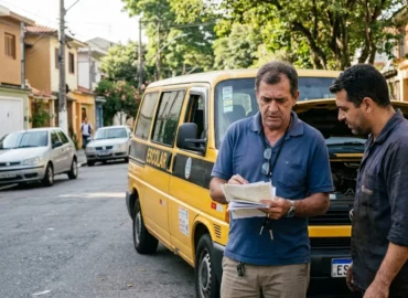 Motorista de van escolar segurando documentos com expressão de preocupação ao lado do seu veículo amarelo estacionado em rua residencial.