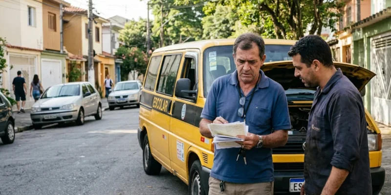Motorista de van escolar segurando documentos com expressão de preocupação ao lado do seu veículo amarelo estacionado em rua residencial.