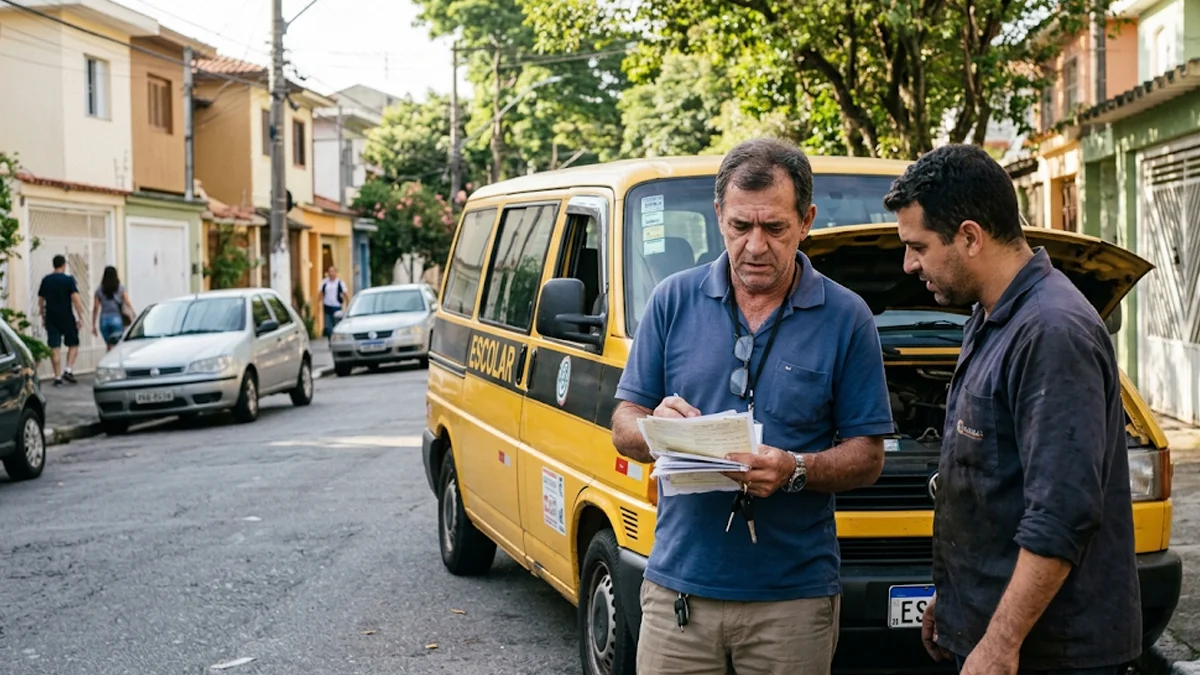 Motorista de van escolar segurando documentos com expressão de preocupação ao lado do seu veículo amarelo estacionado em rua residencial.