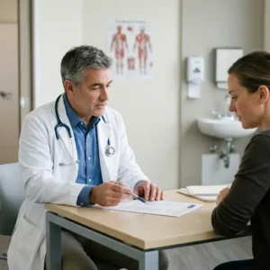 Médico cirurgião plástico explicando cláusulas de um contrato de prestação de serviços e riscos biológicos para uma paciente atenta em um consultório moderno.