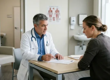 Médico cirurgião plástico explicando cláusulas de um contrato de prestação de serviços e riscos biológicos para uma paciente atenta em um consultório moderno.